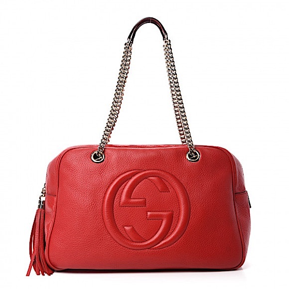 GUCCI Soho Double Chain Nubuck Bowler Leather Shoulder Bag in Tabasco Red